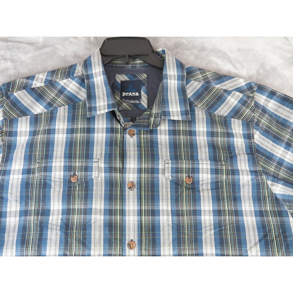 prAna Shirt Mens 2XL Blue Green‎ Plaid Button Down Short Sleeve Outdoor Casual